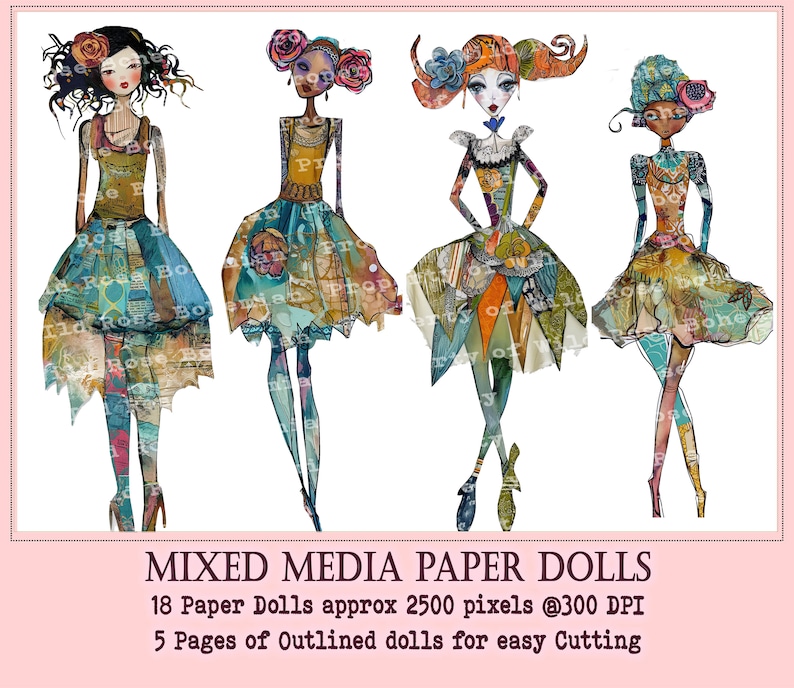 Collaged Art Paper Dolls, Mixed Media Girls Printable, Printable Sublimation Mixed Media, Printable Digital Doll Transparent PNGS image 5