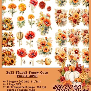 May include: A set of 40 digital fall floral fussy cuts in PNG format. The images are high resolution and perfect for crafting projects. The set includes a variety of flowers, pumpkins, and leaves in warm autumn colors. The text "Wild Rose Bohemian" is included in the image.