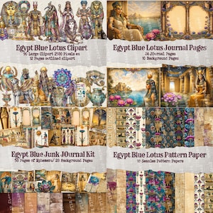 May include: Digital art featuring an Egyptian theme with various elements like pharaohs, lotus flowers, and hieroglyphs. The image includes clipart, journal pages, a junk journal kit, and pattern paper. The text "Egypt Blue Lotus" is visible.