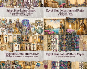 Egyptian Junk Journal Kit Blue Lotus, Ancient Egypt Printable, Egyptian Ephemera, Egypt Clipart Bundle, Vintage Egypt Journal Page Cleopatra