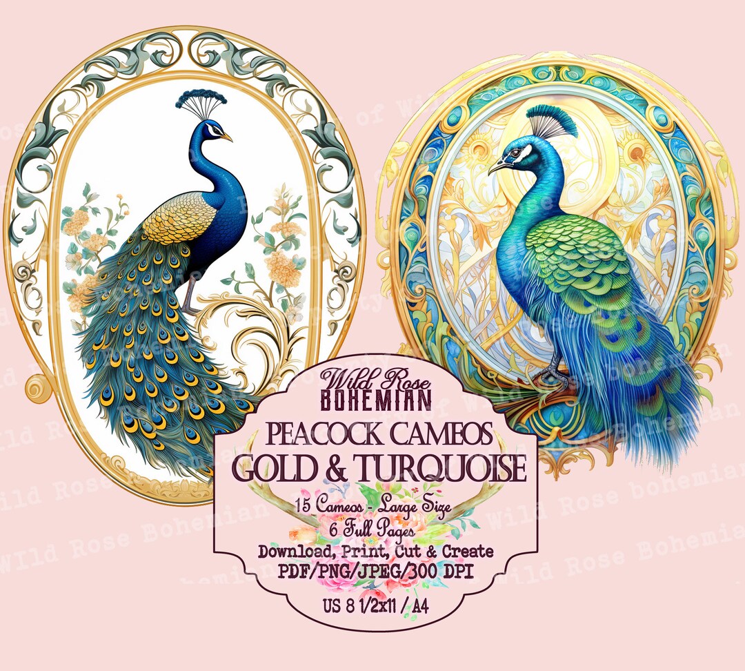 Peacock Cameos, Printable Cameo, Cameo Fussy Cut, Gold and Turquoise ...