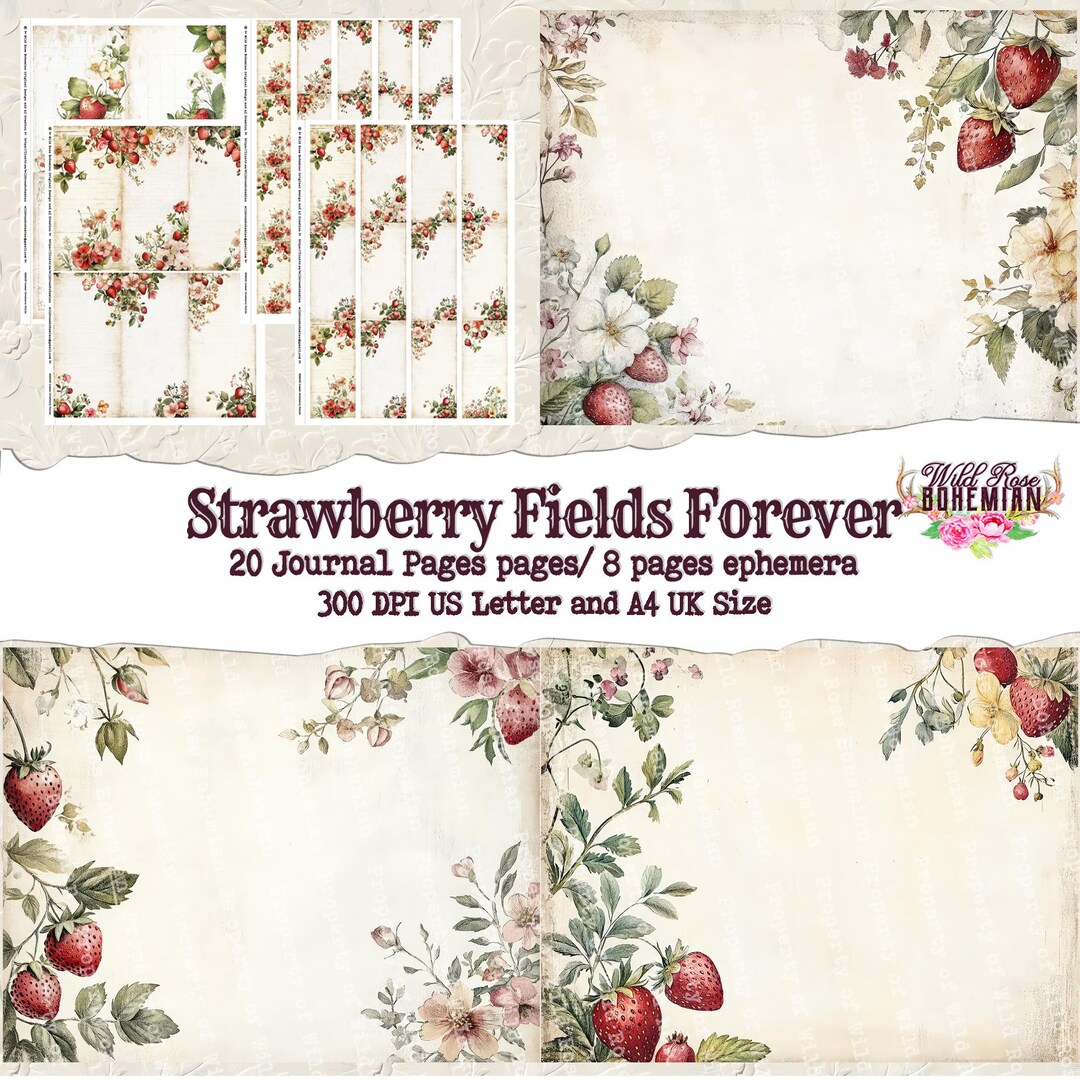 Strawberry Garden Digital Paper: Floral Junk Journal Printables ...