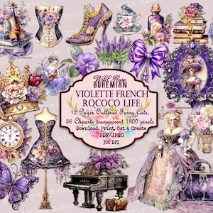 Rococo Clipart, Purple Victorian PNGS Transparent, Violin and Piano Fussy Cuts, Marie Antoinette, 18th Century France Violette, baroque