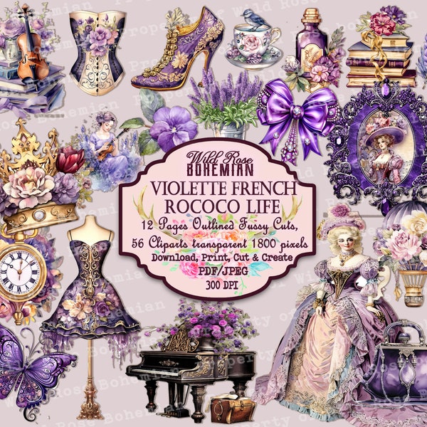 Rococo Clipart, Purple Victorian PNGS Transparent, Violin and Piano Fussy Cuts, Marie Antoinette, 18th Century France Violette