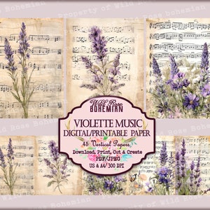 Purple Music Paper, Grungy Lavender and Music Sheet Junk Journal Pages, Sheet Music Grunge Floral Violette Papers, Printable Digital Papers