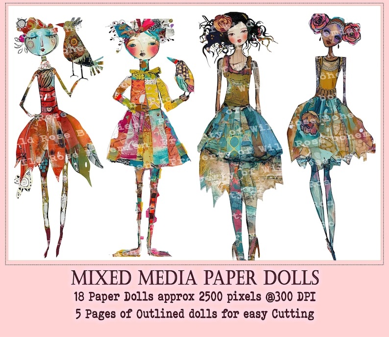Collaged Art Paper Dolls, Mixed Media Girls Printable, Printable Sublimation Mixed Media, Printable Digital Doll Transparent PNGS image 1