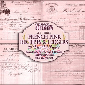 May include: Set of three vintage French pink receipts and ledgers with a floral design. The papers are 20 beautiful papers, perfect for crafting and scrapbooking. Download, print, cut, and create with these digital papers. US & A4/ 300 DPI.