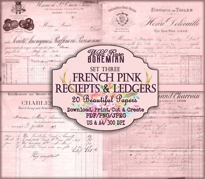 May include: Set of three vintage French pink receipts and ledgers with a floral design. The papers are 20 beautiful papers, perfect for crafting and scrapbooking. Download, print, cut, and create with these digital papers. US & A4/ 300 DPI.