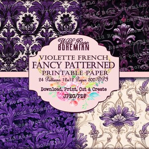 French Patterned Vintage Paper Purple Seamless 12x12 Paper, purple floral damask pattern paper, rococo patterns, baroque pattern scrapbook image 4