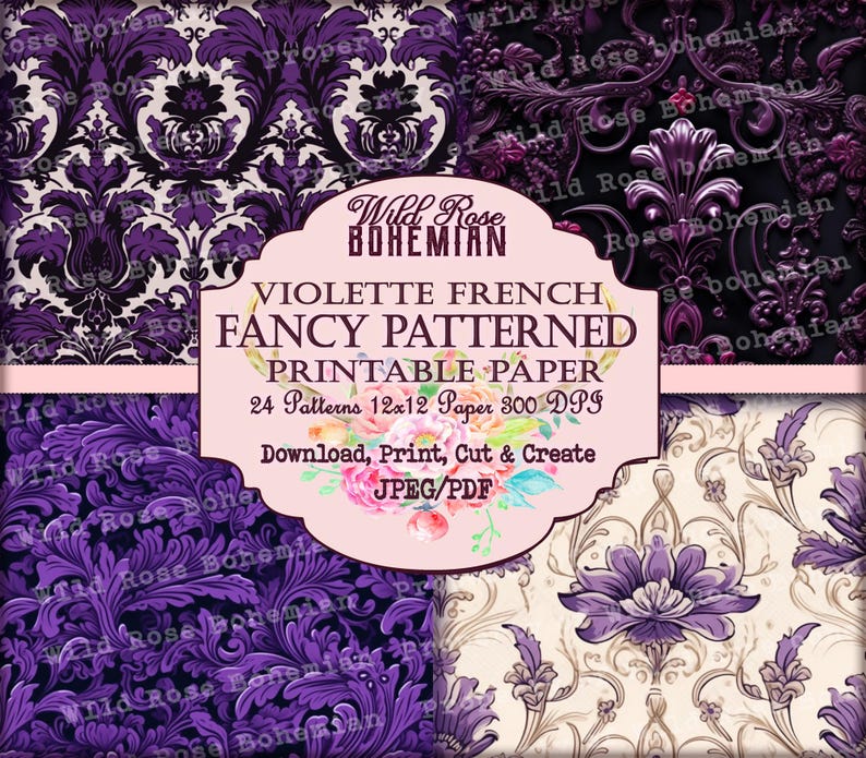 French Patterned Vintage Paper Purple Seamless 12x12 Paper, purple floral damask pattern paper, rococo patterns, baroque pattern scrapbook image 4