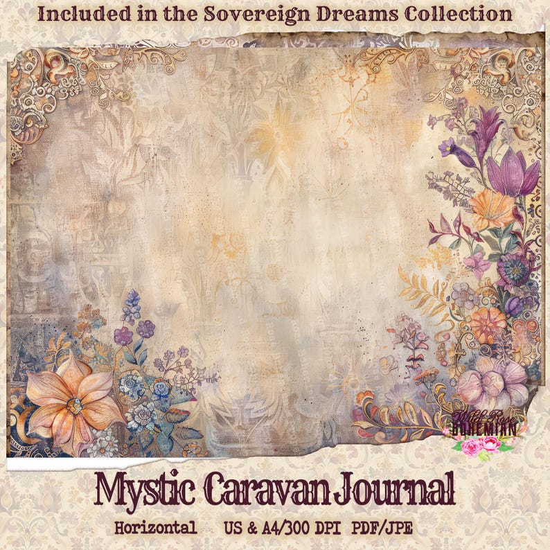 May include: A digital paper pack with a vintage, floral design. The paper features a light beige background with a distressed texture and a floral border. The text "Mystic Caravan Journal" is printed at the bottom of the paper.