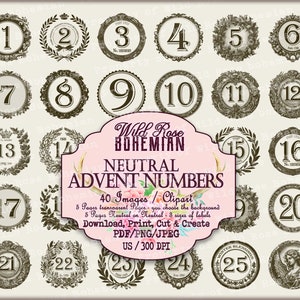 Advent Numbers, Advent Calendar, December Daily Numbers, Vintage Antique Embellishments for Tags and Junk Journaling, Christmas Numbers