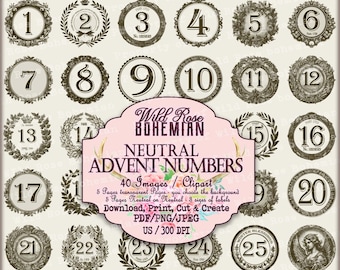 May include: A collection of 25 neutral advent numbers in a vintage style. Each number is displayed in a circular frame with decorative elements. The image includes the text "Wild Rose Bohemian Neutral Advent Numbers".