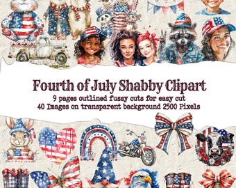 May include: A collection of Fourth of July themed clipart images. The images include patriotic bears, bunnies, children, and a raccoon, all adorned with red, white, and blue. Other images include a motorcycle, cowboy boots, and a butterfly. The text reads "Fourth of July Shabby Clipart".