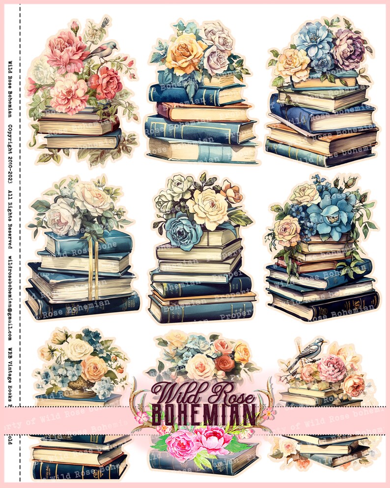 Pu&ograve; includere: Un set di fogli di collage digitale che presentano pile di libri antichi con composizioni floreali in cima. I fiori sono in tonalit&agrave; di rosa, blu, giallo e bianco. Il testo "Wild Rose Bohemian" &egrave; visibile al centro dell'immagine.