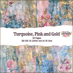 Vintage Floral Pink Turquoise and Gold Printable Paper, Lace Collage Paper, Junk Journal Kit, Distressed Rose Digital Collage, mixed media