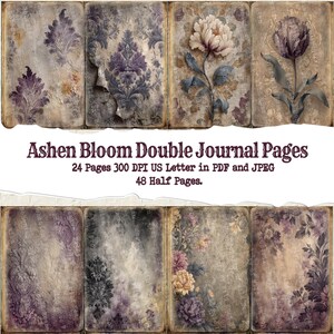 May include: A collection of vintage-style journal pages with floral and damask designs in muted tones of purple, beige, and brown. The text "Ashen Bloom Double Journal Pages" is displayed, along with page details.