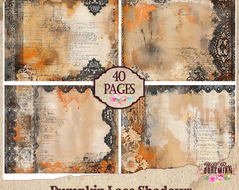 Halloween Pumpkin Lace Printable Paper: Gothic Junk Journal Ephemera (PDF), Orange and Black Lace Victorian Scrapbooking Kit, Antique Grunge