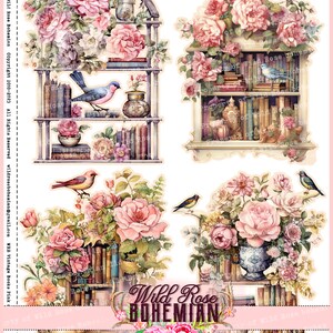 Pu&ograve; includere: Un collage digitale composto da quattro immagini di librerie vintage decorate con rose rosa, uccelli e altri elementi floreali. Il testo "Wild Rose Bohemian" &egrave; visualizzato nella parte inferiore dell'immagine.