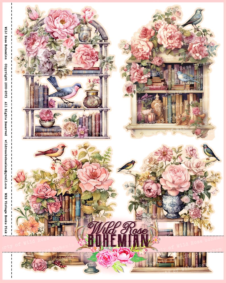 Pu&ograve; includere: Un collage digitale composto da quattro immagini di librerie vintage decorate con rose rosa, uccelli e altri elementi floreali. Il testo "Wild Rose Bohemian" &egrave; visualizzato nella parte inferiore dell'immagine.