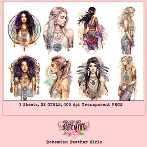 Boho clipart, Fussy Cut Stickers, Boho Girls Clipart, Bohemian Girls png Sheet, Boho GitlPrintable Downloadable,  Junk Journal Fussy Cut