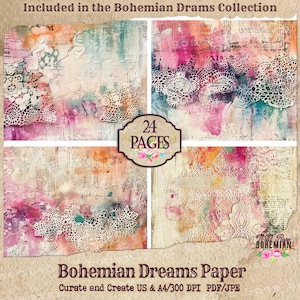 Bohemian Dreams Lace Embossed Journal Paper | Junk Journal | Printable Journal Pages | Digital Paper Ephemera | Distressed Collage Bohemian