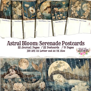 Vintage printable postcards, Full Moon Images, Mermaid, Daisy Navy, Printable poppy postcard ephemera, junk journal ephemera