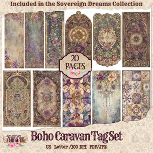 Boho Caravan Hang Tag Kit Ephemera | Printable Journal | Digital Paper Ephemera | Distressed Collage | Boho Ephemera | Bohemian Hang Tag