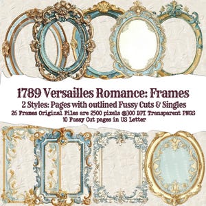 Peut inclure: Un ensemble de 26 cadres numériques de style vintage avec des accents dorés et bleus. Les cadres mesurent 2500 pixels et sont disponibles en deux styles : cadres simples et pages avec découpes fantaisistes soulignées. Les cadres sont parfaits pour ajouter une touche d'élégance à vos projets numériques.