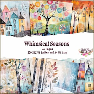 Mixed Media Whimsical 4 Seasons  Digital Printable, Watercolor Landscapes Paper, Wild Rose Digital, Junk Journal  Paper Digital Printable,
