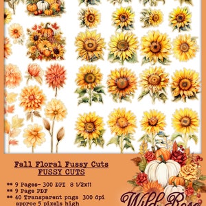 May include: A set of 40 digital printable images of sunflowers and pumpkins in fall colors. The images are high resolution and perfect for crafting projects. The images are labeled "Fall Floral Fussy Cuts" and "Wild Rose Bohemian".