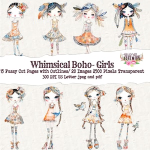 Collaged Art Boho Paper Dolls, Mixed Media Boho Girls Printable, Printable Sublimation Mixed Media, Printable fodder Transparent PNGS