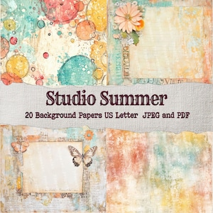 Pode incluir: Uma colagem de papéis de fundo coloridos com texturas de aquarela, círculos e detalhes florais. O texto "Studio Summer" é exibido em uma faixa, com a descrição "20 Background Papers US Letter JPEG and PDF". Borboletas e flores também estão presentes.