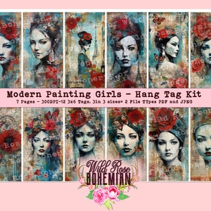Modern Girls and ROses, Fresco meets Modernism Mixed Media Hang Tag, Junk JOurnal Hang Tag JUnk Journal Paper, Mixed Media Hang Tag