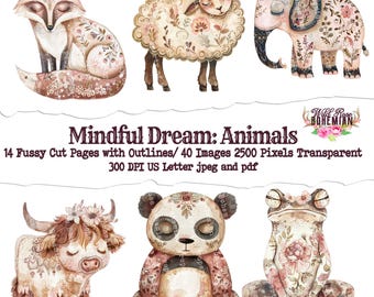 Whimsical Animals Clipart: Cottagecore Folk Art PNG (Digital Download), folkart png, junkjournal png, collage art folk stickers, mixed media