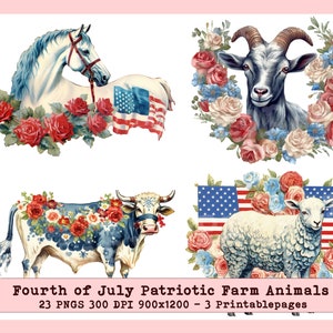 Fourth of July png, Independence Day Farm Animal Clipart, Patriotic Farm Animal Clipart, Fourth of July Fussy Cuts, Farm Animal Graphics