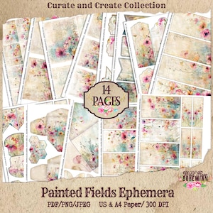 Wildflower Painted Field Junk Journal Ephemera Kit | 14 Pages, Envelopes, Tags & Half-Pages | Printable Vintage Floral Ephemera Pack |Summer