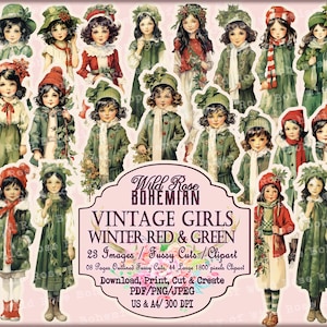 VIntage Cottage Core Country Girls Clipart, Country Girl in Red and Green Fussy Cuts, WInter Country Girl Graphics, Printable Digitals