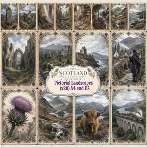 May include: A collection of twenty rectangular paper sheets featuring Scottish landscapes, including stone ruins, castles, a Highland cow, and a thistle. The central label reads 1912 SCOTLAND COLLECTION CUT & CREATE Pictorial Landscapes (x20) A4 and US.