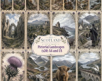 May include: A collection of twenty rectangular paper sheets featuring Scottish landscapes, including stone ruins, castles, a Highland cow, and a thistle. The central label reads 1912 SCOTLAND COLLECTION CUT & CREATE Pictorial Landscapes (x20) A4 and US.