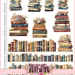 Pu&ograve; includere: Un foglio di collage digitale con pile di libri vintage con accenti floreali. Le pile sono disposte in varie dimensioni e configurazioni, alcune con un solo libro e altre con pi&ugrave; libri. I libri sono tutti di colori diversi e hanno una variet&agrave; di disegni. Gli accenti floreali sono in tonalit&agrave; di rosa, bianco e giallo. Il foglio di collage &egrave; perfetto per lo scrapbooking, la creazione di biglietti e altri lavoretti di carta.
