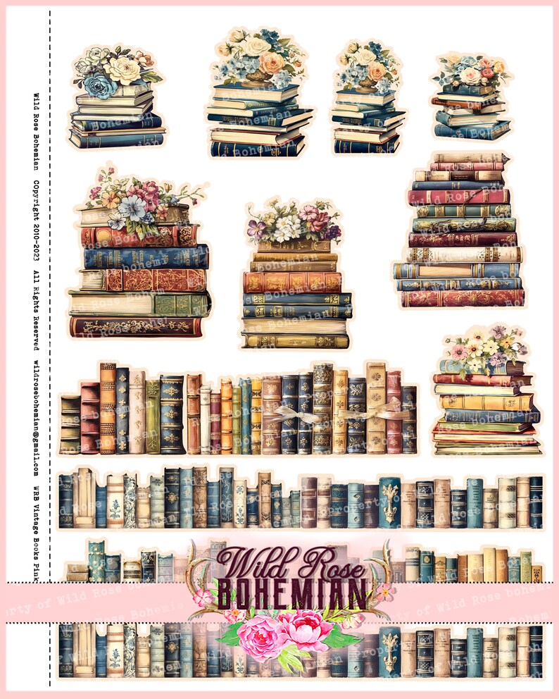 Pu&ograve; includere: Un foglio di collage digitale con pile di libri vintage con accenti floreali. Le pile sono disposte in varie dimensioni e configurazioni, alcune con un solo libro e altre con pi&ugrave; libri. I libri sono tutti di colori diversi e hanno una variet&agrave; di disegni. Gli accenti floreali sono in tonalit&agrave; di rosa, bianco e giallo. Il foglio di collage &egrave; perfetto per lo scrapbooking, la creazione di biglietti e altri lavoretti di carta.