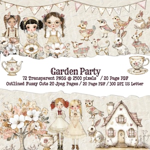 Spring Garden Party Clipart, Junk JOurnal Fussy Cuts, Transparent PNG, Clipart Bundle, Cottage Core png for Sublimation, Digital Stickers