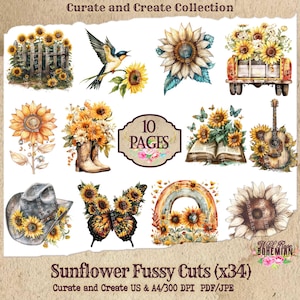 Sunflower Fussy Cut Kit | Junk Journal Kit | Printable Yellow Collage Images | Digital Paper Ephemera | Sunflower Clipart for Journals