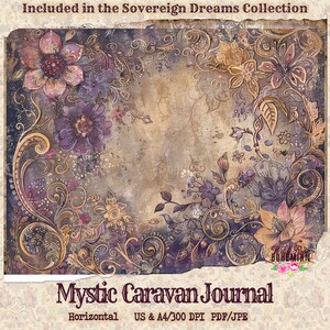 May include: A digital paper pack with a vintage floral design in shades of purple, gold, and brown. The design features intricate swirls and patterns, and the text "Mystic Caravan Journal" is included at the bottom. The paper pack is for digital download and is 300 DPI.
