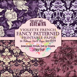 French Patterned Vintage Paper Purple Seamless 12x12 Paper, purple floral damask pattern paper, rococo patterns, baroque pattern scrapbook image 6