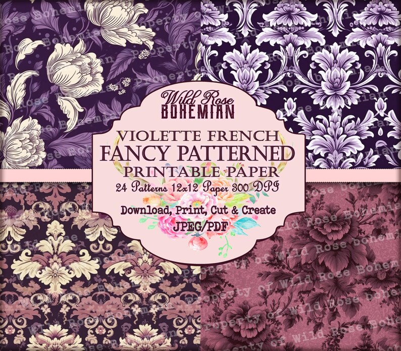 French Patterned Vintage Paper Purple Seamless 12x12 Paper, purple floral damask pattern paper, rococo patterns, baroque pattern scrapbook image 6