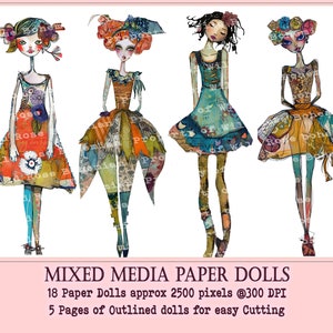 Collaged Art Paper Dolls, Mixed Media Girls Printable, Printable Sublimation Mixed Media, Printable Digital Doll Transparent PNGS image 3