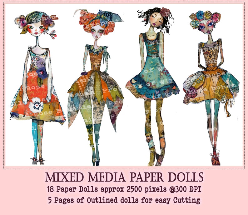 Collaged Art Paper Dolls, Mixed Media Girls Printable, Printable Sublimation Mixed Media, Printable Digital Doll Transparent PNGS image 3