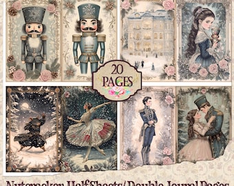 May include: A set of 20 printable digital papers featuring a Nutcracker theme. The papers include images of a Nutcracker soldier, a ballerina, a prince, a mouse king, and a winter scene. The papers are designed for use in scrapbooking, card making, and other paper crafts. 20 US Letter/40 5.5x8.5 Half Sheets/300 DPI PDF/JPEG